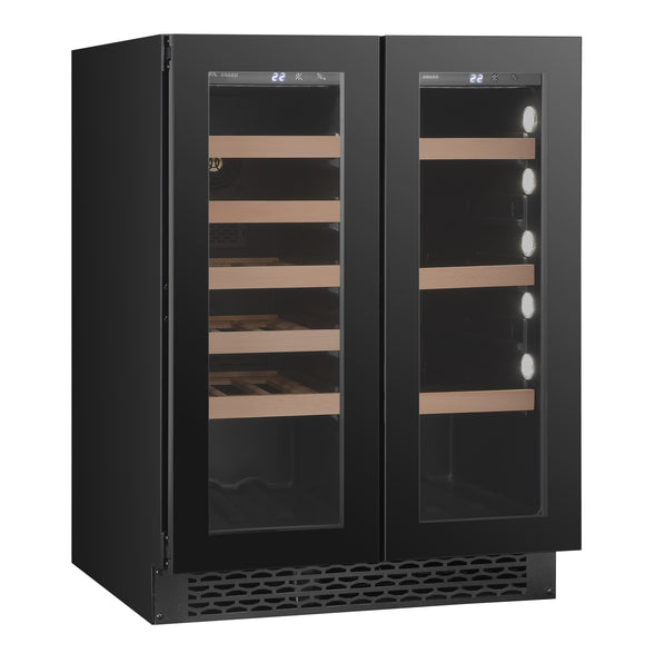 Award Underbench Wine and Beverage Fridge Dual Door 18 Bottle Capacity + 60 Litres Black Glass